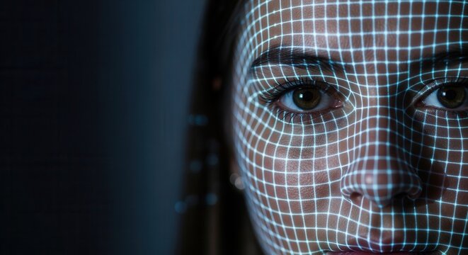 Extreme close-up of woman eye with fine white grid lines projected across face for 3D facial mapping scan. Concept of biometric identification and digital security
