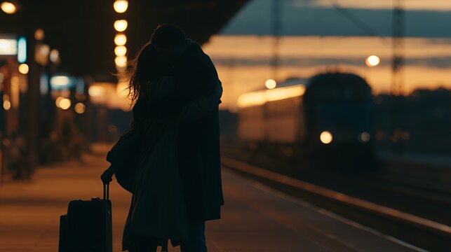 Sunset Station Embrace: Lovers' Farewell with Train in Golden Light