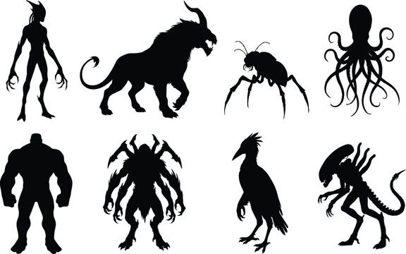 Sci-fi alien mutants and fantasy monster silhouette collection