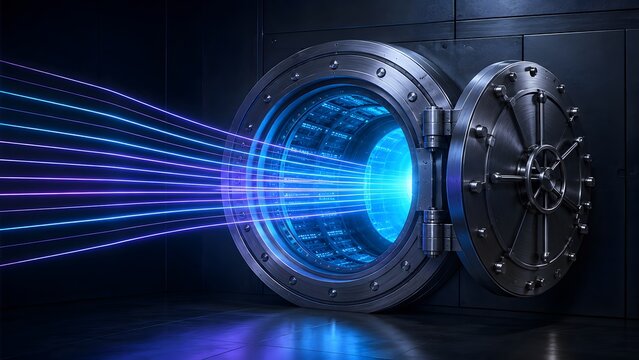 Massive metal vault door opening to reveal glowing blue digital light rays representing cybersecurity data protection and secure access to digital assets