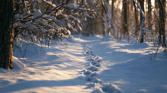 Winter Woods Trail: Sunlit Snow Path with Animal Footprints