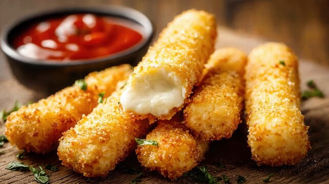 Close-up of crispy golden breaded mozzarella sticks with melted cheese pull and marinara sauce on rustic wooden table. Concept of italian appetizer and comfort food