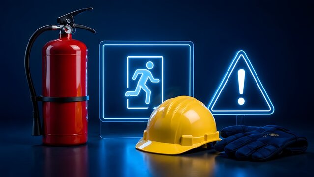 Industrial workplace safety equipment featuring red fire extinguisher, yellow hard hat, protective gloves and glowing neon emergency exit warning sign