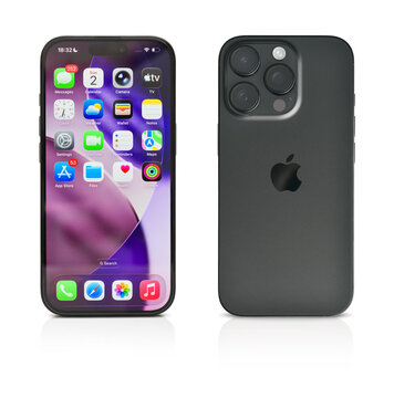 Apple iPhone 16 Pro in Black Titanium color, front and back views