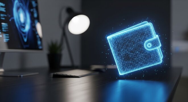 Glowing Blue Holographic Digital Wallet on Dark Desk