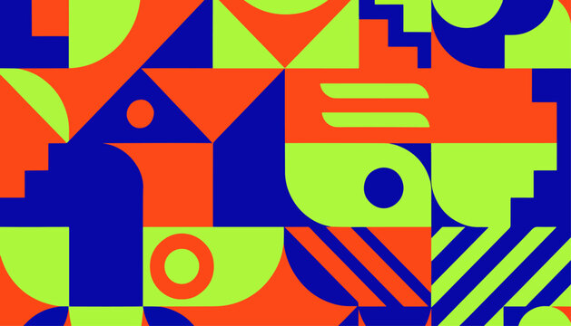 Playful geometric design featuring vibrant arches circles rectangles and diagonal patterns
