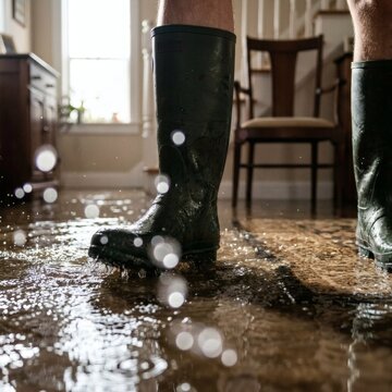 Green Boots Standing in Water from House Flood Damage