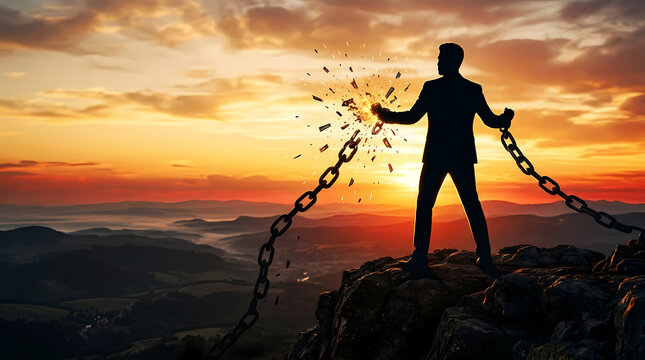 Silhouette of man breaking chains at sunset on mountain peak