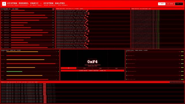 System kernel panic critical error crash red terminal screen.