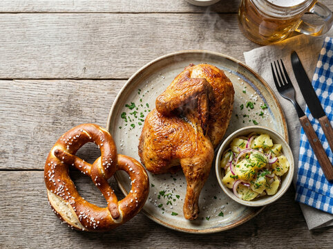 Oktoberfest Roast Chicken Dinner with Pretzel and German Potato Salad