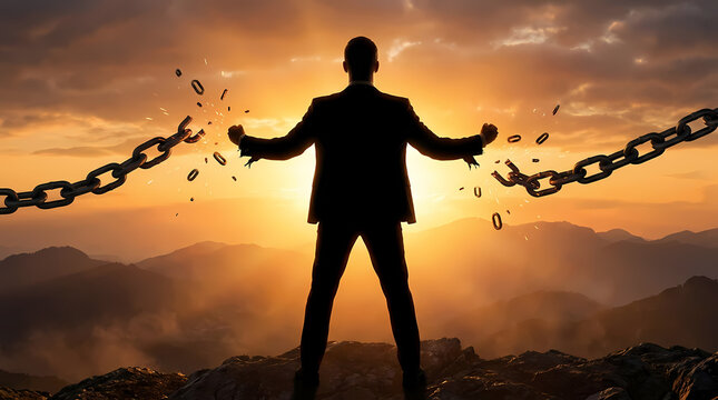 Silhouette of man breaking chains against dramatic sunset background