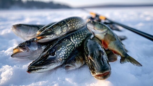Freshly caught fish pile on frozen lake surface