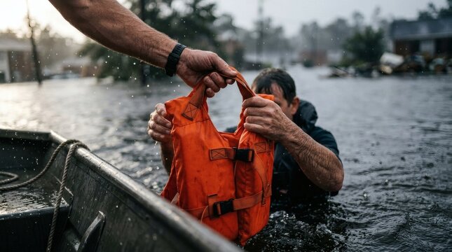 Assistance during flood: man receives life vest from boat