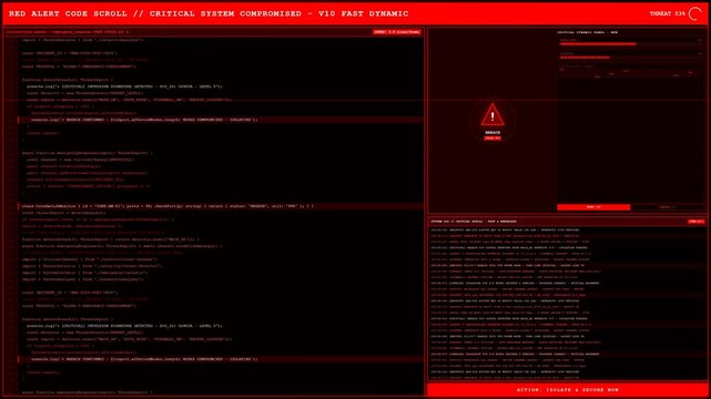 Red alert critical system compromised breach code terminal screen.