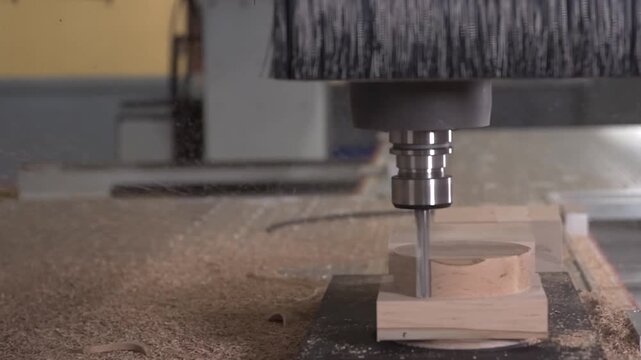 cnc machine cutting wood in industrial workshop with side view neutral focused mood brown metallic silver gray yellow colors industrial equipment manufacturing background.