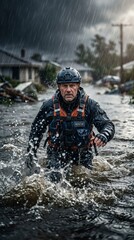 Naklejka premium Dedicated Rescuer Wading Through Floodwaters in a Heavy Downpour