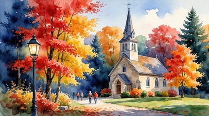 Naklejka premium Watercolor art shows small stone church in autumn park. Colorful orange, red trees surround old building with tall steeple. People walk on path near vintage street lamp. Peaceful landscape with fall