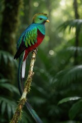 Fototapeta premium Resplendent Quetzal bird sits on mossy branch in Costa Rica jungle. Colorful tropical bird with green plumage, long red belly perches in wild rainforest. Exotic avian wildlife with long tail feathers