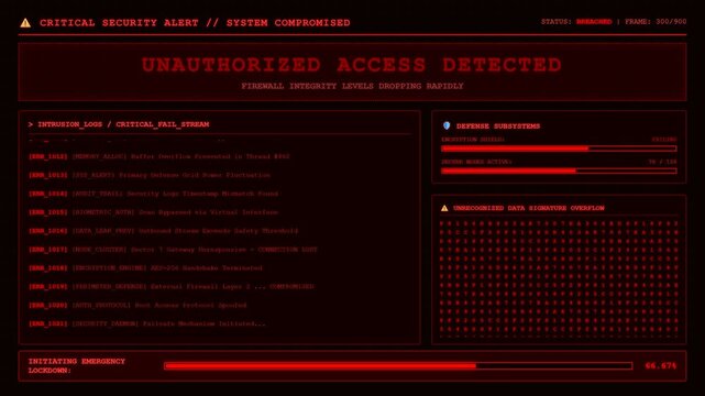 Critical security alert unauthorized access system compromised screen.