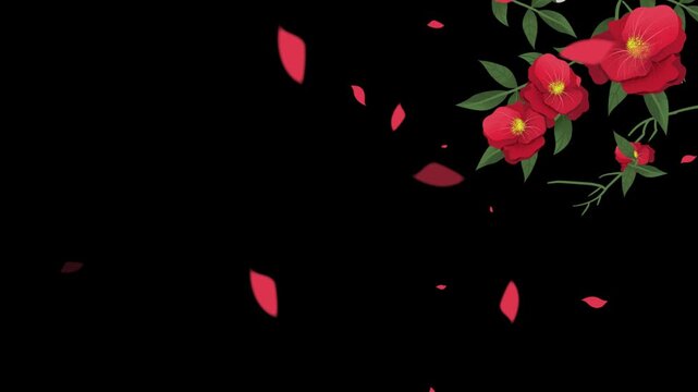 Animated red flowers and green leaves with falling petals and colorful confetti against a dark background with video animated illustration celebration decoration multicolor