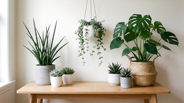 Collection of potted houseplants displayed on a light wood console table indoors