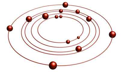 Abstract model of the orbits of an atom or star system with satellite objects electrons or planets in filamentary circular orbits. Model of the system of orbits of planets and subatomic particles. © Alexander Sulghin