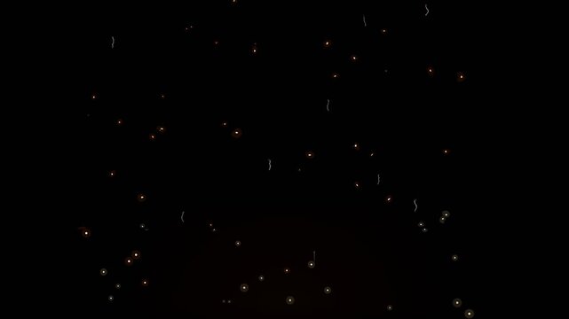 Glowing fire embers and fiery red sparks floating upwards slowly on a pitch black background, abstract burn particle overlay effect with warm fiery atmospheric light, full shot slow motion.
