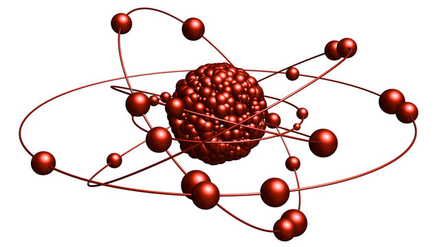 Abstract model of an atom with a central object - the nucleus of an atom, consisting of individual objects - protons and neutrons and secondary objects - electrons with orbits. Transparent background.