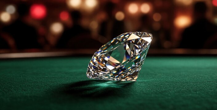 Large sparkling diamond rests on green felt casino table. Brilliant precious gem shines under bright lights in luxury gambling hall. High stakes game background with bokeh people, warm ambient glow.