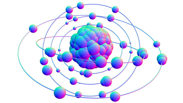 Abstract model of an atom with a central object - the nucleus of an atom, consisting of individual objects - protons and neutrons and secondary objects - electrons with orbits. Transparent background.