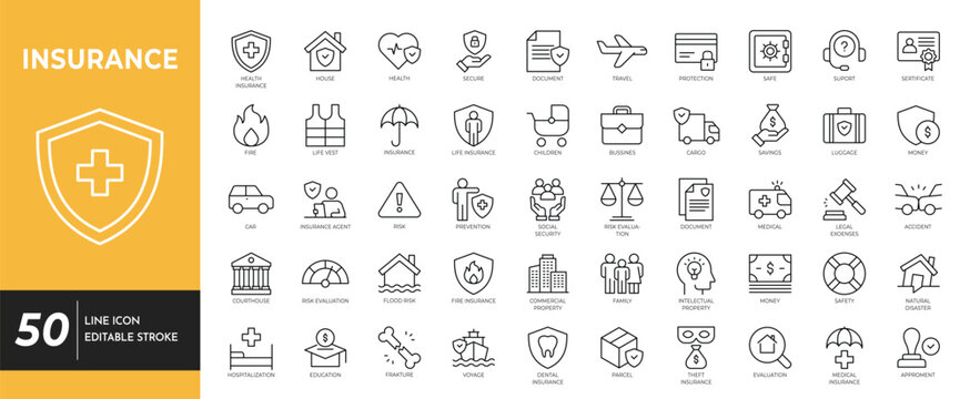 Insurance outline icon set. Editable stroke.