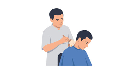 Fototapeta premium Barber cutting man's hair with scissors and comb, isolated