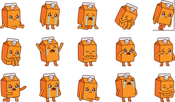 Cute Crying Milk Carton Character Pack with Sad Expressions and Tears Vector Illustration for Kawaii Orange Drink Stickers Kids Packaging and Emoticons