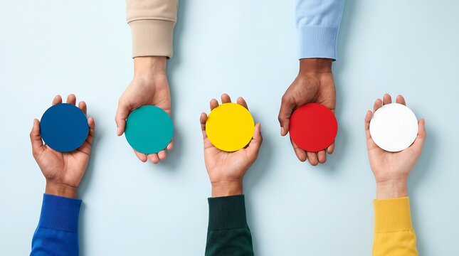 Diverse hands holding colorful cubes representing unity teamwork and inclusion concepts
