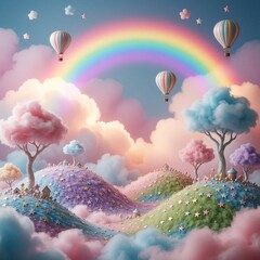 Naklejka premium Magical fantasy landscape with soft pastel clouds, colorful rainbow. Hot air balloons fly over dreamy hills covered in stars. Whimsical trees, small houses create fairy tale world in sky. Dreamy