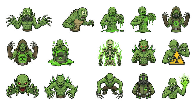 Green radioactive swamp monster and mutant character illustrations.