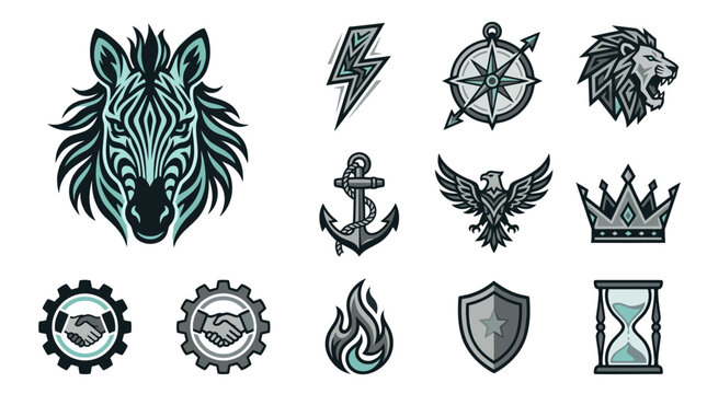 Mascot logo set featuring zebra lion and eagle emblems.
