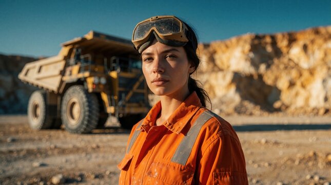 Confident female mining engineer stands in front of massive yellow dump truck at open pit quarry. Woman wears orange high vis uniform, safety goggles on head. Industrial worker looks at camera at