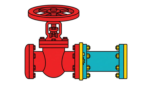 Red industrial gate valve with blue pipe section