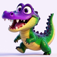 Naklejka premium Cute purple, green cartoon alligator with big smile. Friendly reptile character large eyes, open mouth. Vibrant 3D illustration of happy crocodile for kids, nursery decor, playful animal storybook