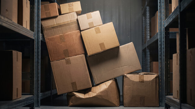 Cardboard boxes collapsing from high shelving in a warehouse, showing poor storage and damaged goods