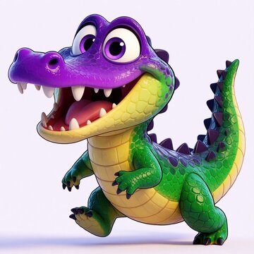 Cute purple, green cartoon alligator with big smile. Friendly reptile character large eyes, open mouth. Vibrant 3D illustration of happy crocodile for kids, nursery decor, playful animal storybook