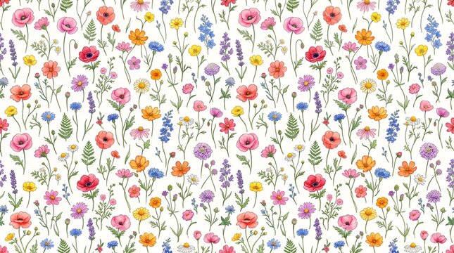 Floral ornament featuring various wildflowers and foliage against a white background acanthus aster bloom botanical bouquet