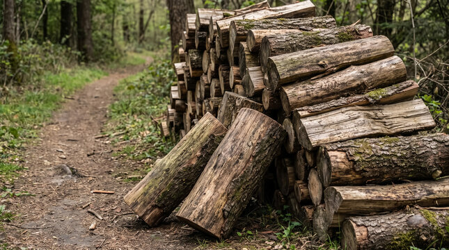 Stacked logs forming a woodpile along a winding forest path, showing natural timber and woodland scenery