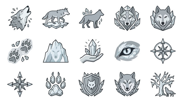 Wilderness wolf and mountain nature themed monochrome icons