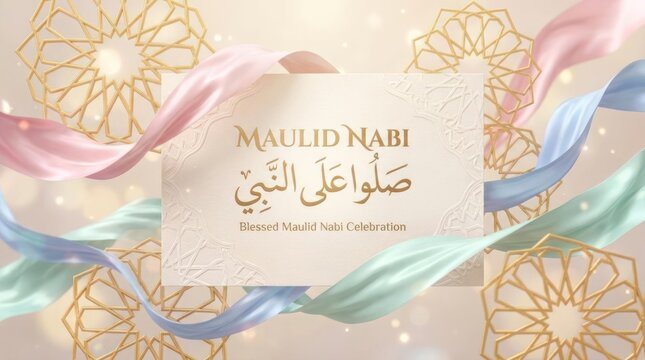 Maulid Nabi greeting card with Arabic calligraphy and ribbons