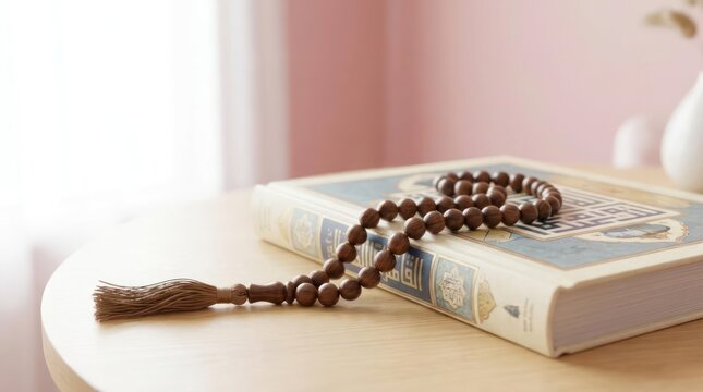 Misbaha prayer beads on Quran on table.