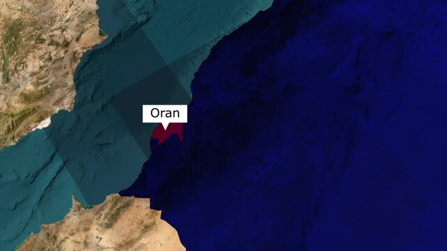 Animated digital map footage highlighting Oran city in northern Algeria