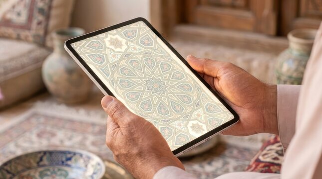 Hands holding digital tablet with Islamic geometric art pattern.