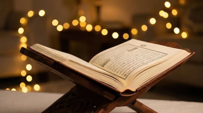 Holy Quran on wooden stand with bokeh lights.